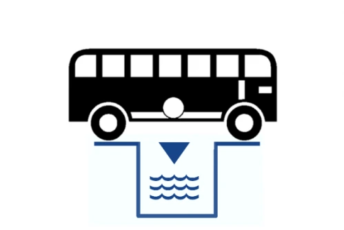 A pictogram shows a bus over a water pit, with a downward arrow indicating the disposal of bus toilet waste into the water.